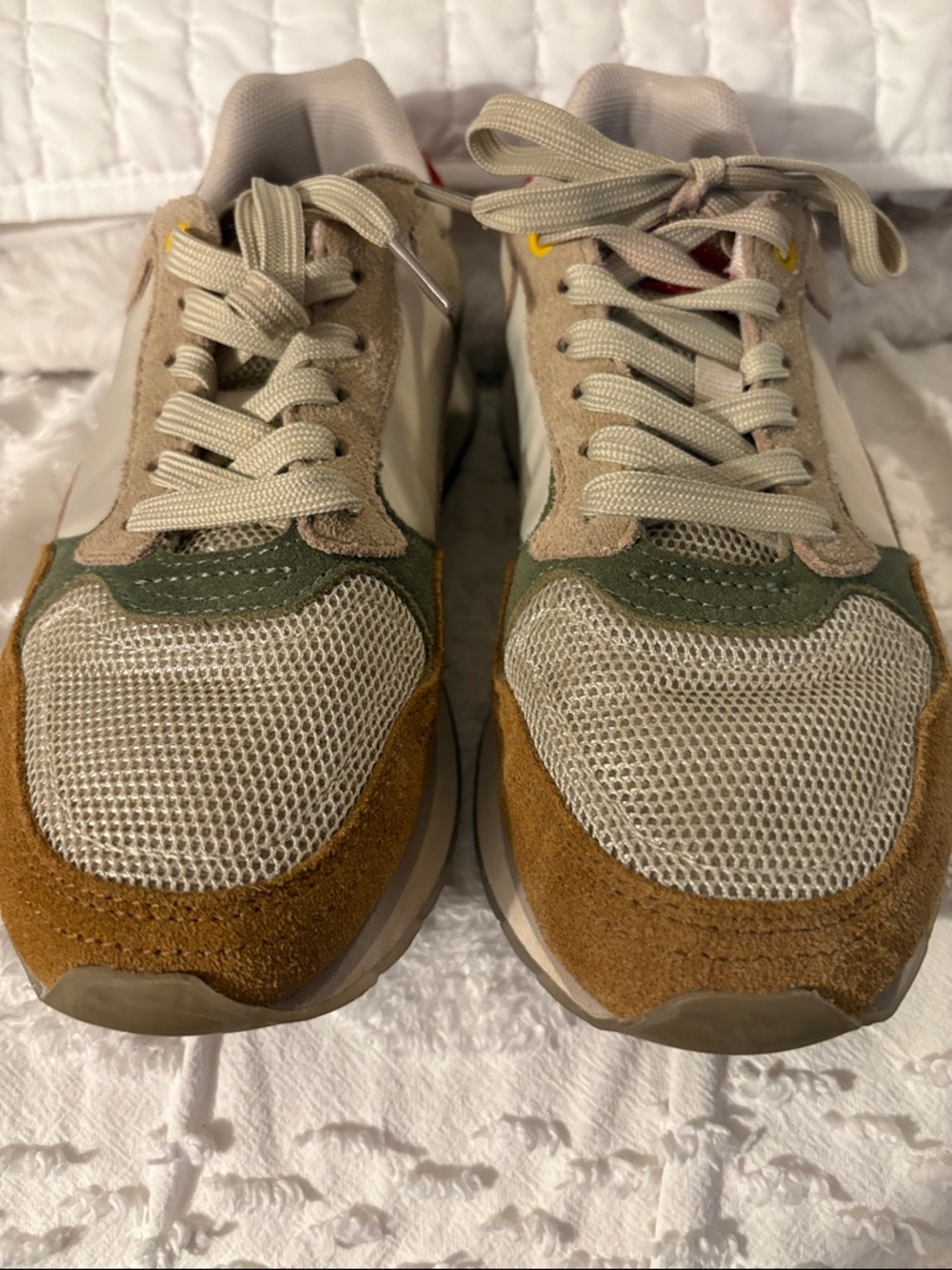 Women’s Neutral Tone Mesh & Suede Sneakers — Beige, Brown, Olive Accents